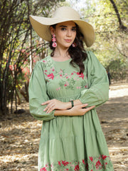 Stylum Women's Pestal Green Solid & Embroidered Cotton Tiered Dress (DRSPISTALEETA)