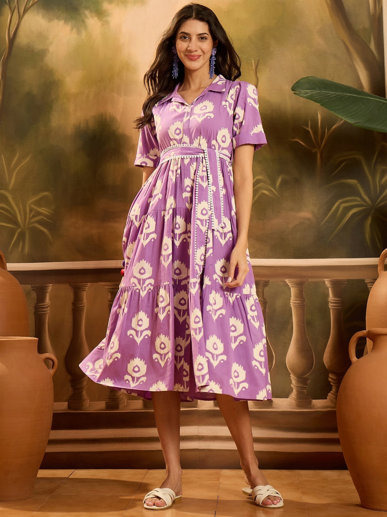 Women's Purple Floral Printed Cotton Flared Dress (DRSPURPLECARTER) | 