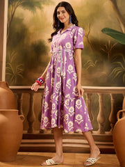 Stylum Women's Purple Floral Printed Cotton Flared Dress (DRSPURPLECARTER)