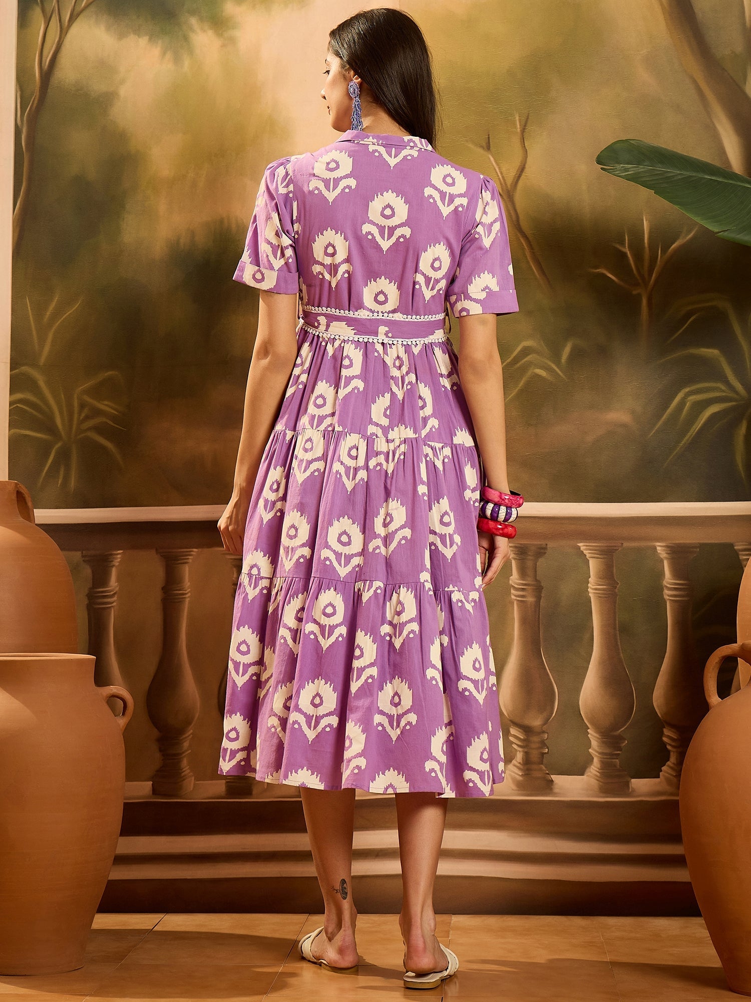 Women's Purple Floral Printed Cotton Flared Dress (DRSPURPLECARTER) | 