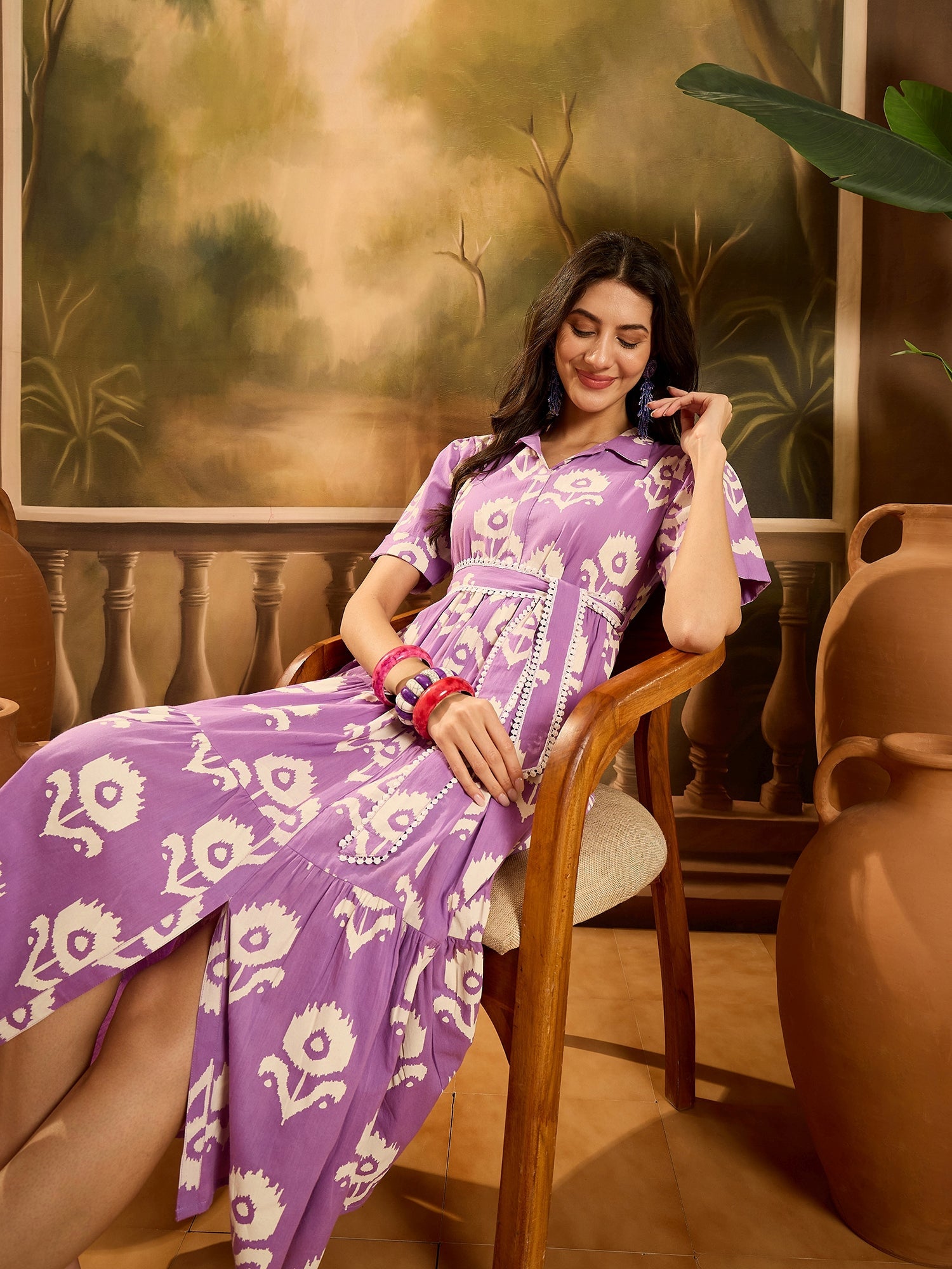 Women's Purple Floral Printed Cotton Flared Dress (DRSPURPLECARTER) | 