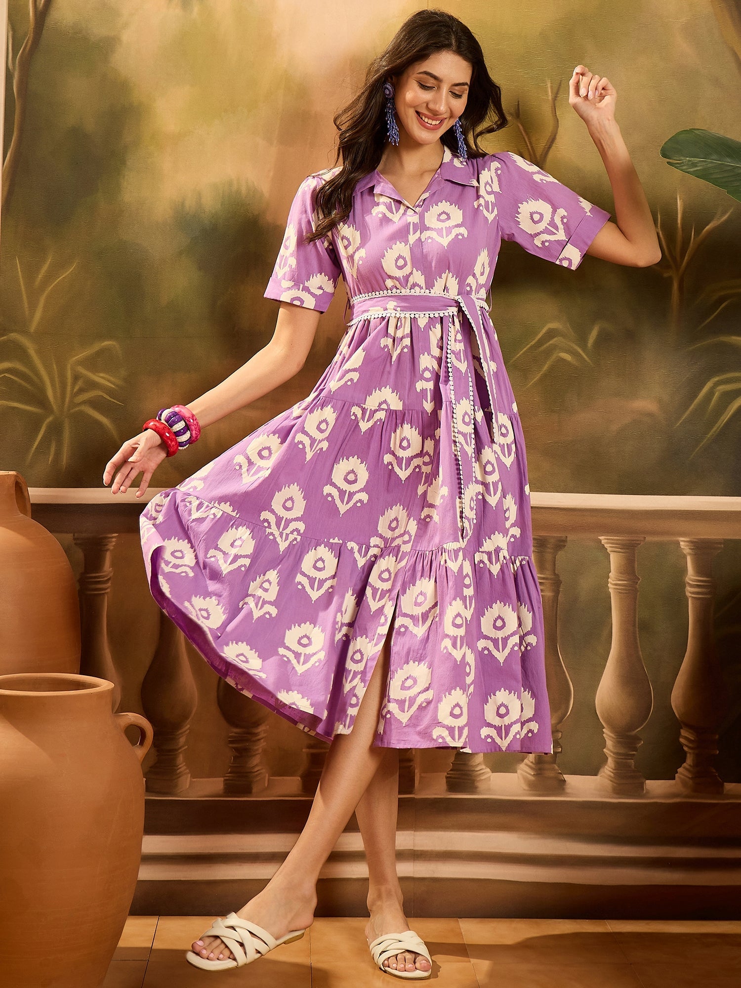 Women's Purple Floral Printed Cotton Flared Dress (DRSPURPLECARTER) | 