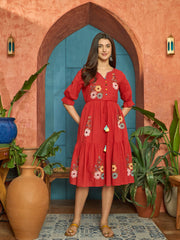 Stylum Women's Red Solid & Embroidered Cotton Tiered Dress (DRSREDRAMP)