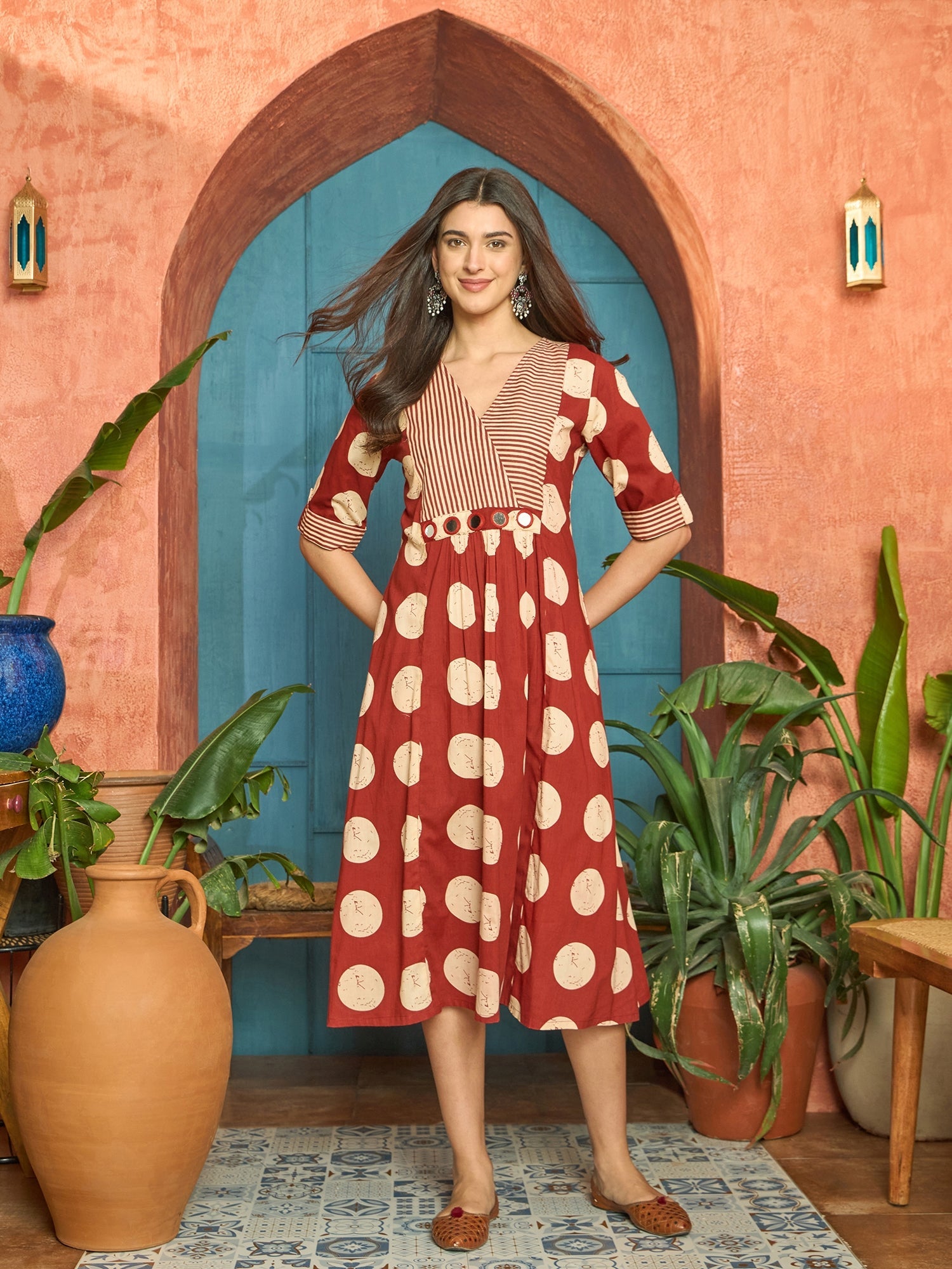 Women's Rust Block Printed Cotton Flared Dress (DRSRUSTDAPPER) | DesiQ