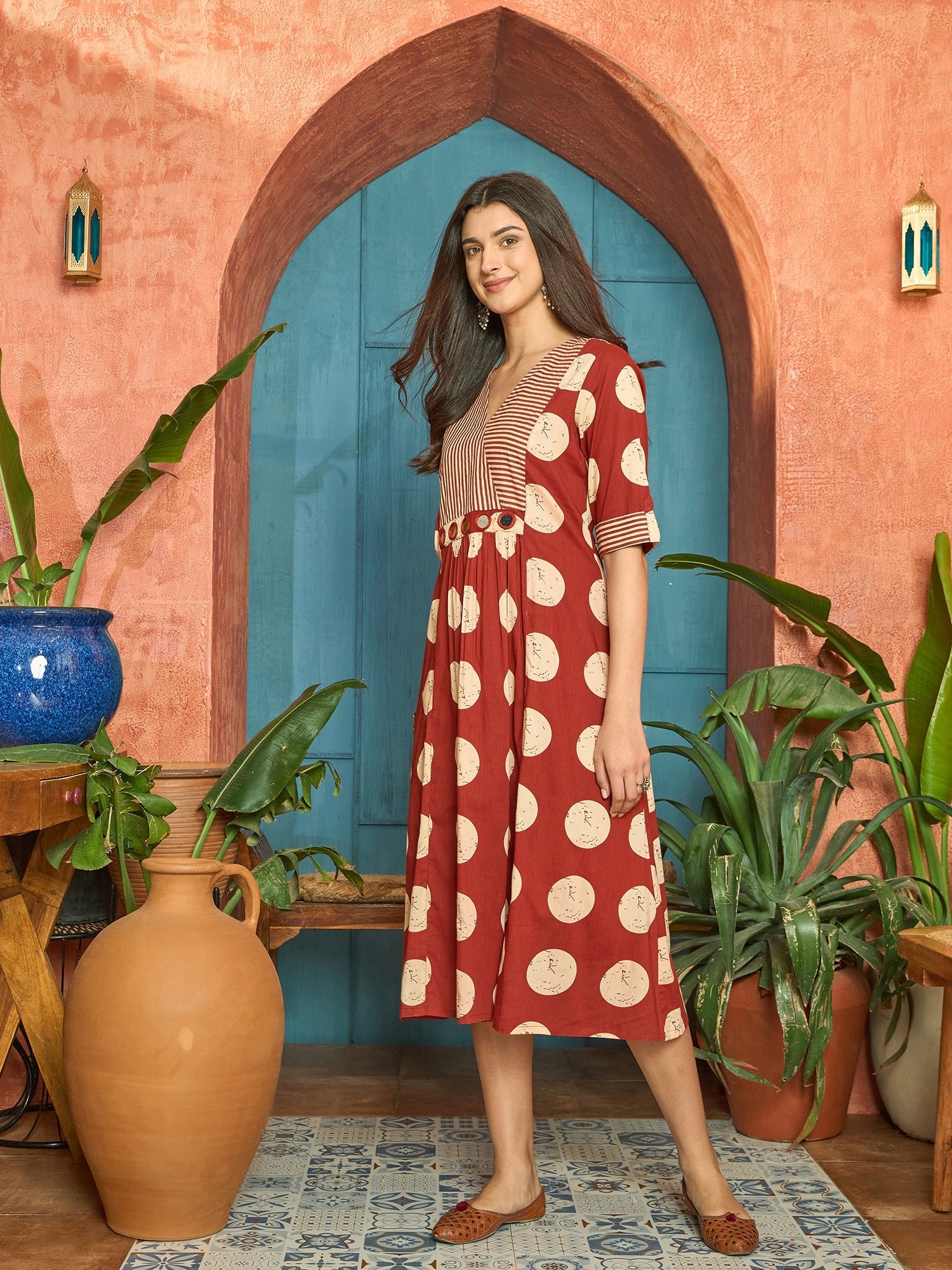 Women's Rust Block Printed Cotton Flared Dress (DRSRUSTDAPPER) | DesiQ