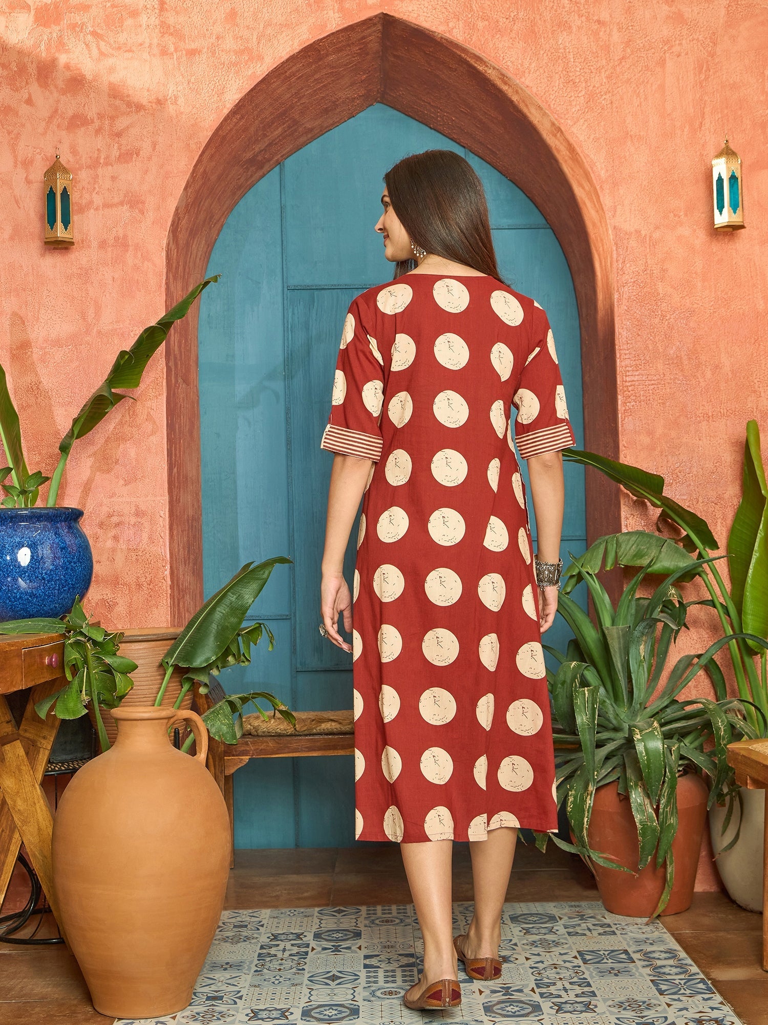 Women's Rust Block Printed Cotton Flared Dress (DRSRUSTDAPPER) | DesiQ