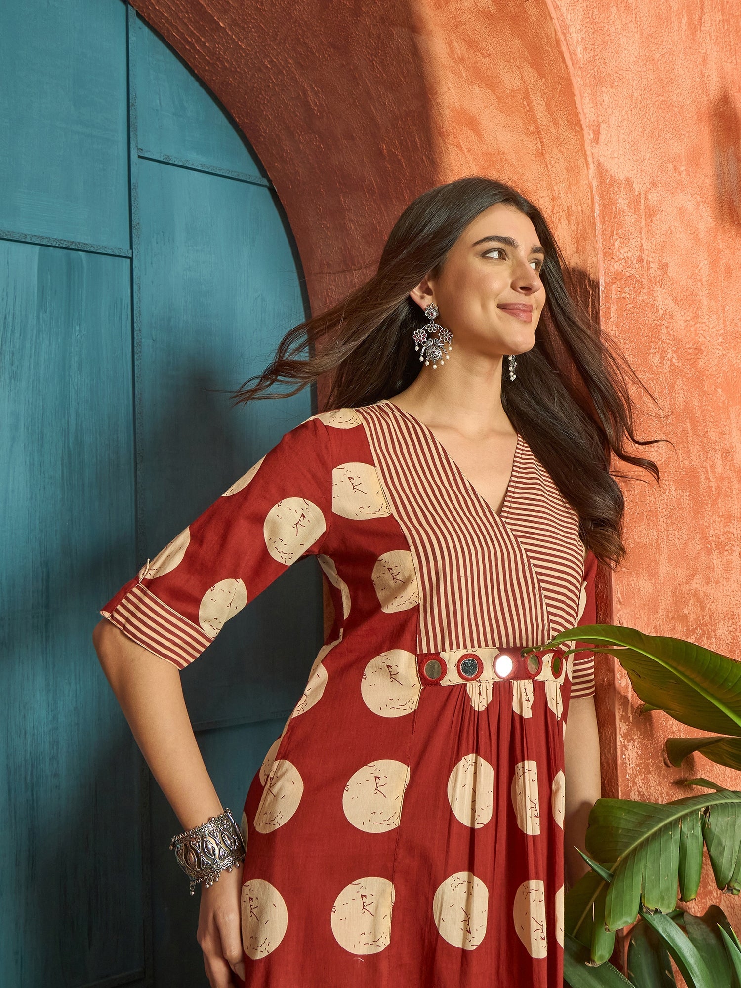 Women's Rust Block Printed Cotton Flared Dress (DRSRUSTDAPPER) | DesiQ
