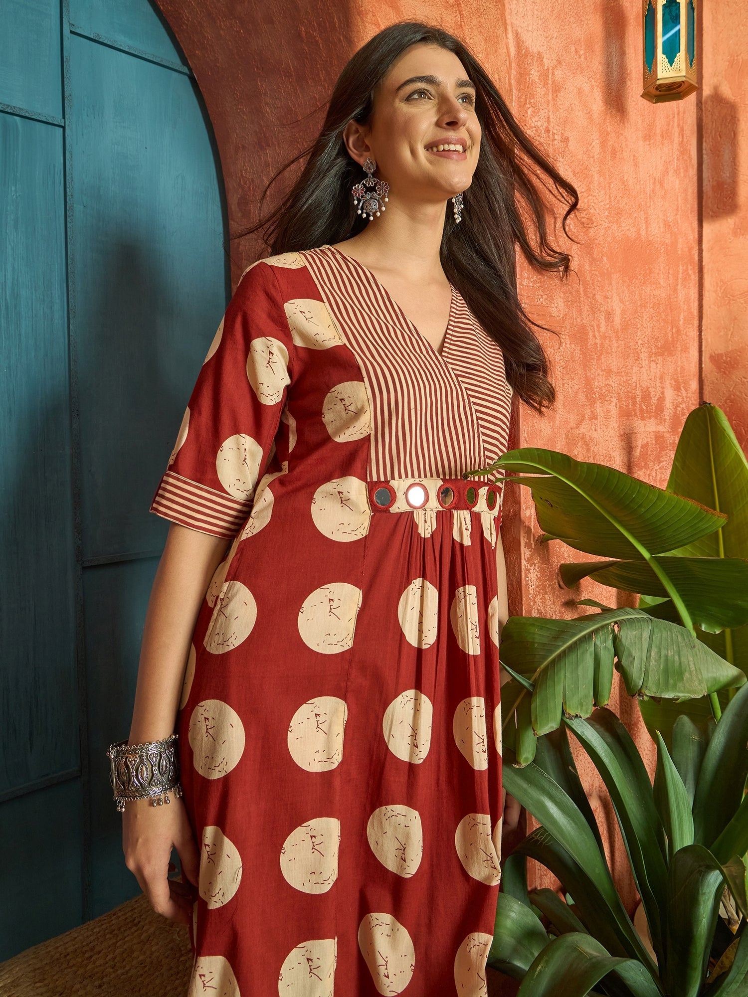 Women's Rust Block Printed Cotton Flared Dress (DRSRUSTDAPPER) | DesiQ