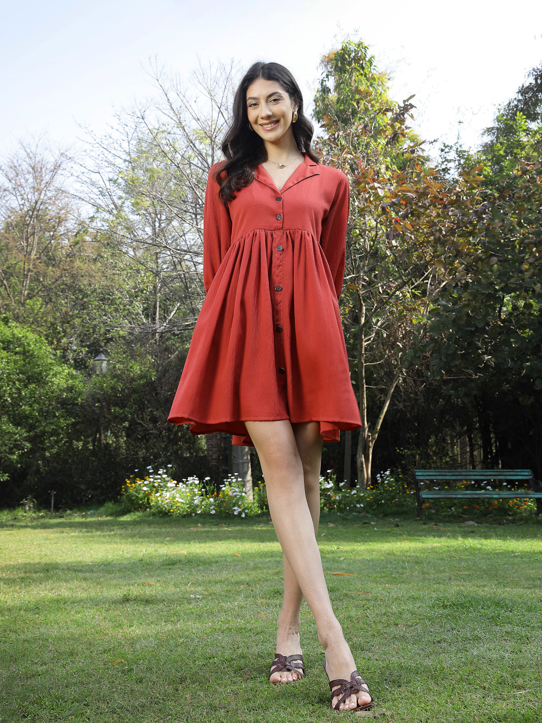 Women's Rust Solid Italian Crepe Flared Dress (DRSRUSTJAYA) | DesiQlo