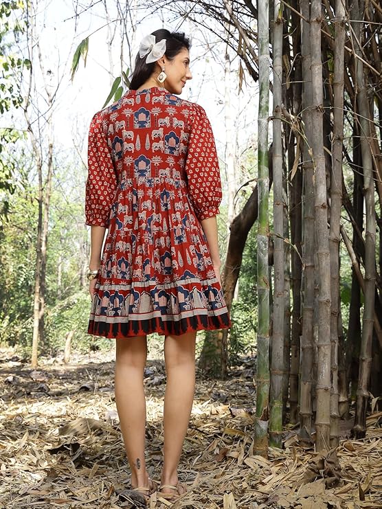 Women's Rust Ethnic Printed Cotton Flared Dress (DRSRUSTPORI) | DesiQl