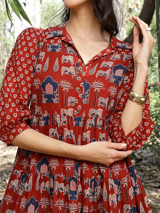 Women's Rust Ethnic Printed Cotton Flared Dress (DRSRUSTPORI) | DesiQl