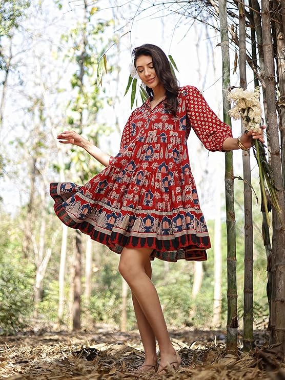 Women's Rust Ethnic Printed Cotton Flared Dress (DRSRUSTPORI) | DesiQl