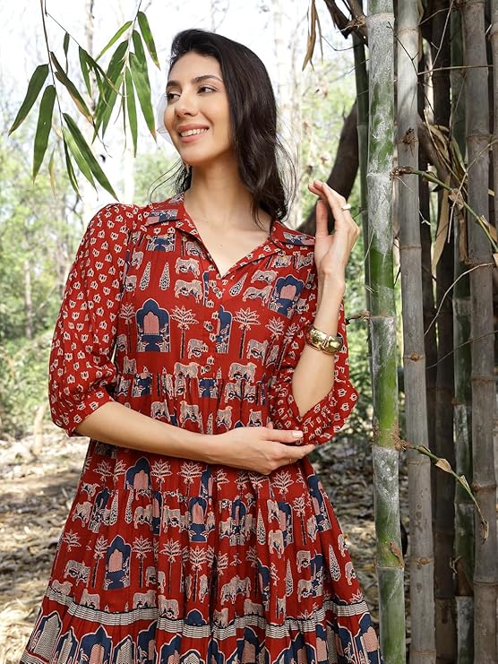 Women's Rust Ethnic Printed Cotton Flared Dress (DRSRUSTPORI) | DesiQl