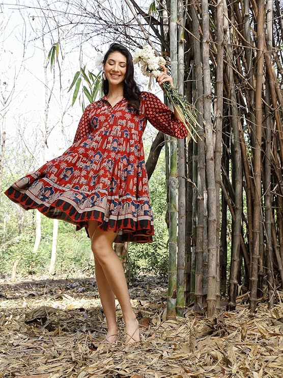 Women's Rust Ethnic Printed Cotton Flared Dress (DRSRUSTPORI) | DesiQl