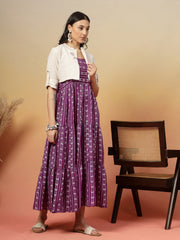 Stylum Women's Violet Woven Printed Cotton Tiered Dress With Cotton Flax Jacket (DRSVOILOAKLEY)