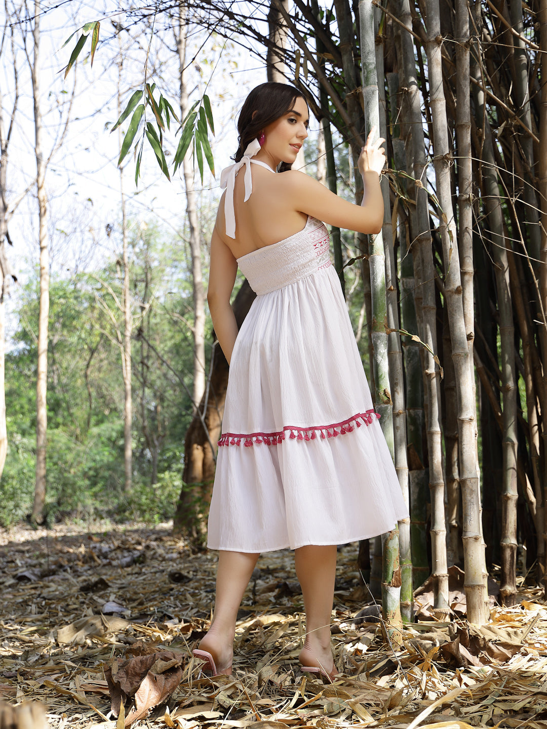 Women's White Solid & Embroidered Italian Crepe Flared Dress (DRSWHITE