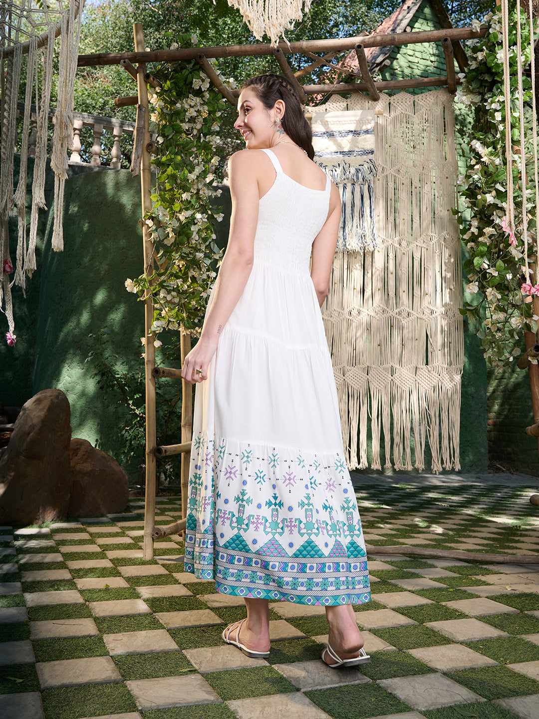 Women's White Ikat Printed Rayon Tiered Dress (DRSWHITEBLISS) | DesiQl