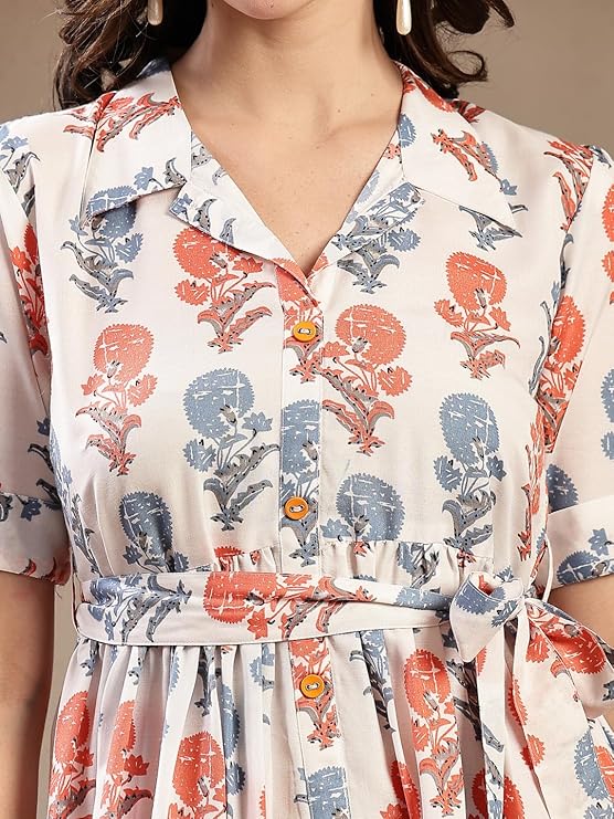 Women's White Floral Printed Cotton Blend Tiered Dress (DRSWHITEPASTA)