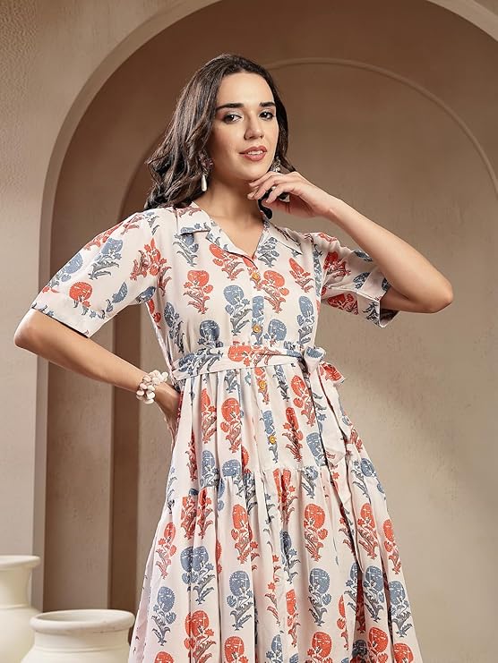Women's White Floral Printed Cotton Blend Tiered Dress (DRSWHITEPASTA)