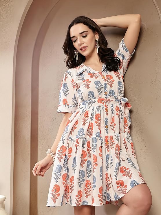Women's White Floral Printed Cotton Blend Tiered Dress (DRSWHITEPASTA)