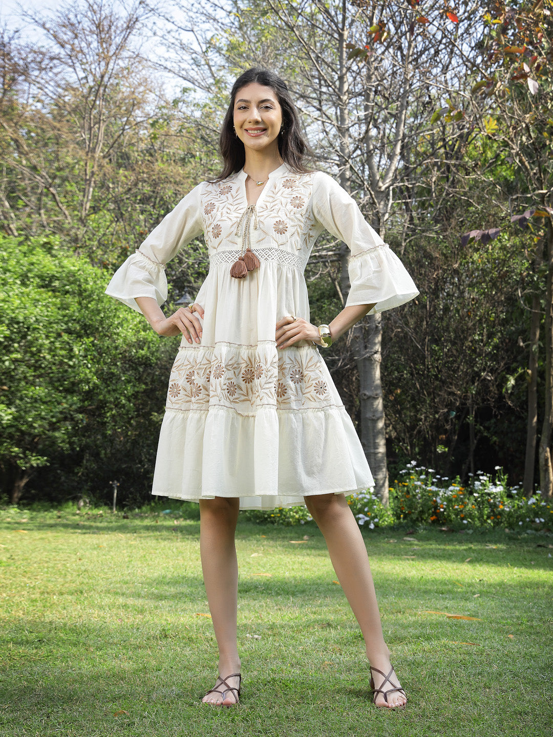 Women's White Solid & Embroidered Cotton Tiered Dress (DRSWHITESHIBA) 