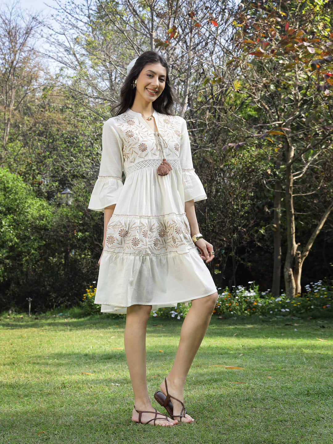 Women's White Solid & Embroidered Cotton Tiered Dress (DRSWHITESHIBA) 