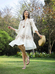 Stylum Women's White Solid & Embroidered Cotton Tiered Dress (DRSWHITESHIBA)