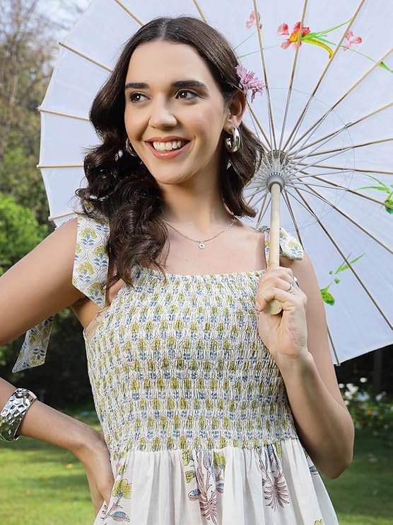 Women's White Ethnic Buta Printed Cotton Flared Dress (DRSWHITESIMRA) 