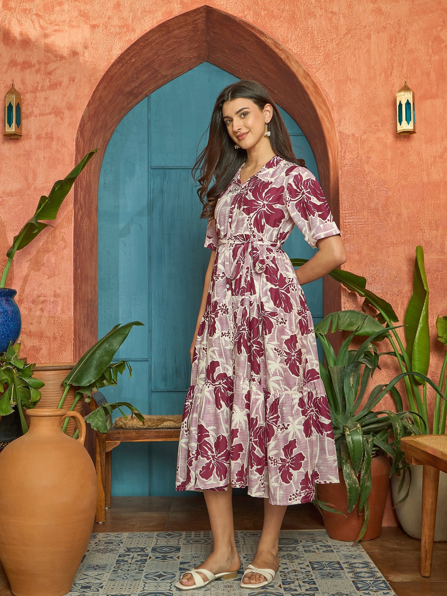 Women's Wine Floral Printed Cotton Flared Dress (DRSWINESHELLY) | Desi
