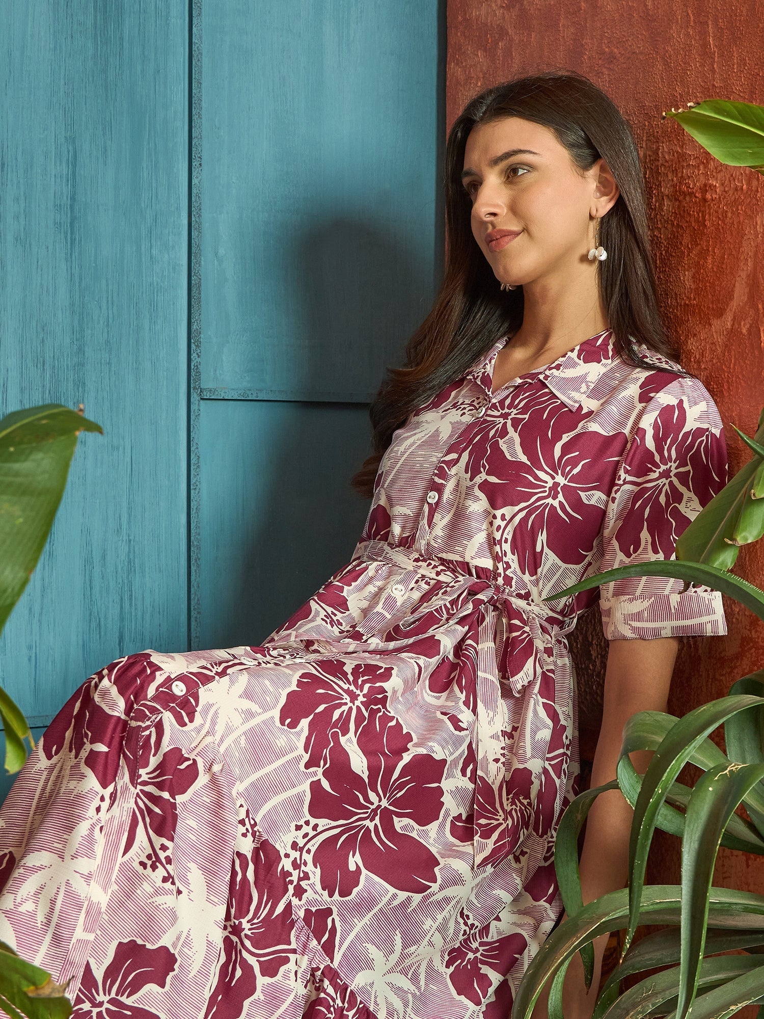 Women's Wine Floral Printed Cotton Flared Dress (DRSWINESHELLY) | Desi