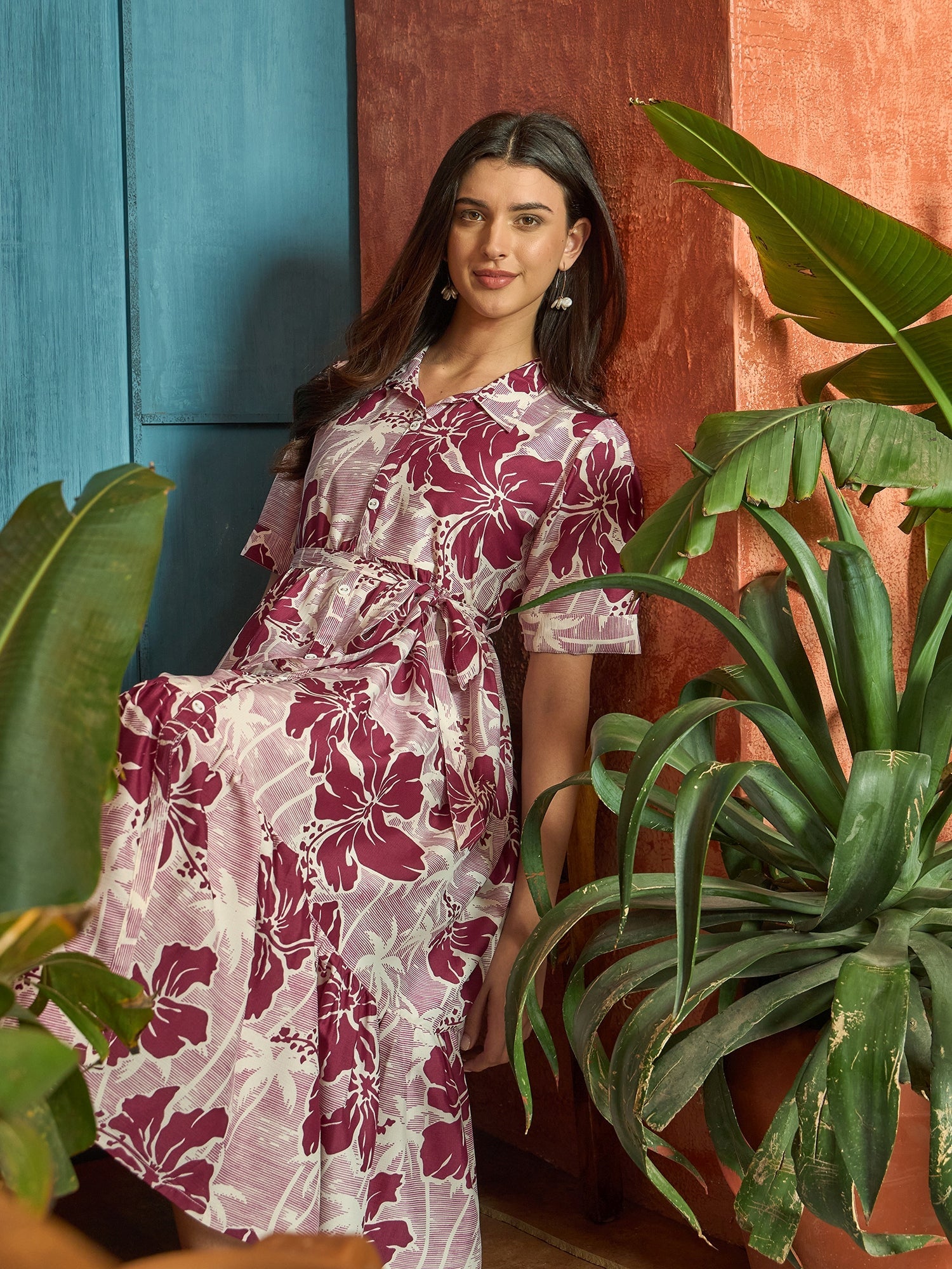 Women's Wine Floral Printed Cotton Flared Dress (DRSWINESHELLY) | Desi
