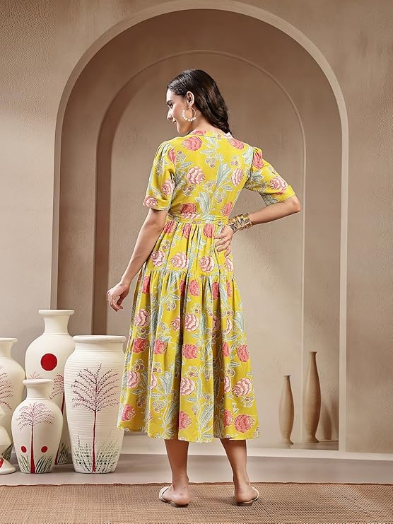 Women's Yellow Floral Printed Rayon Tiered Dress (DRSYELLOWRENEE) | De