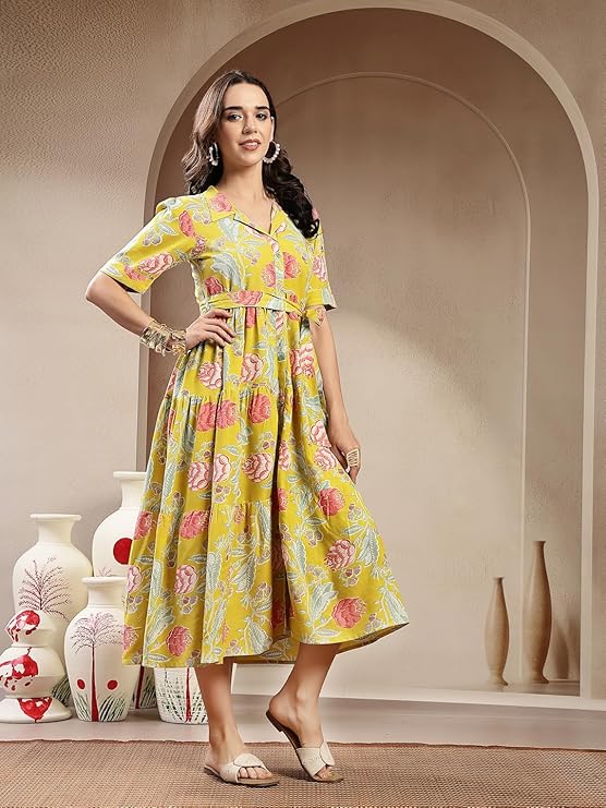 Women's Yellow Floral Printed Rayon Tiered Dress (DRSYELLOWRENEE) | De