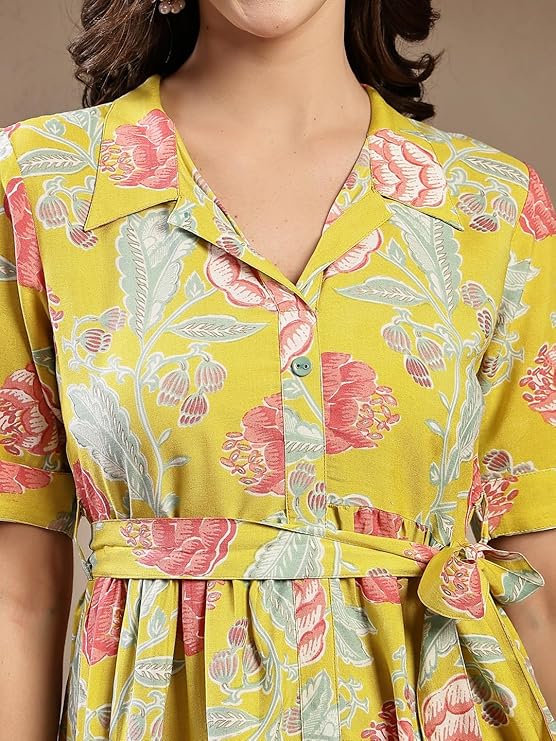 Women's Yellow Floral Printed Rayon Tiered Dress (DRSYELLOWRENEE) | De