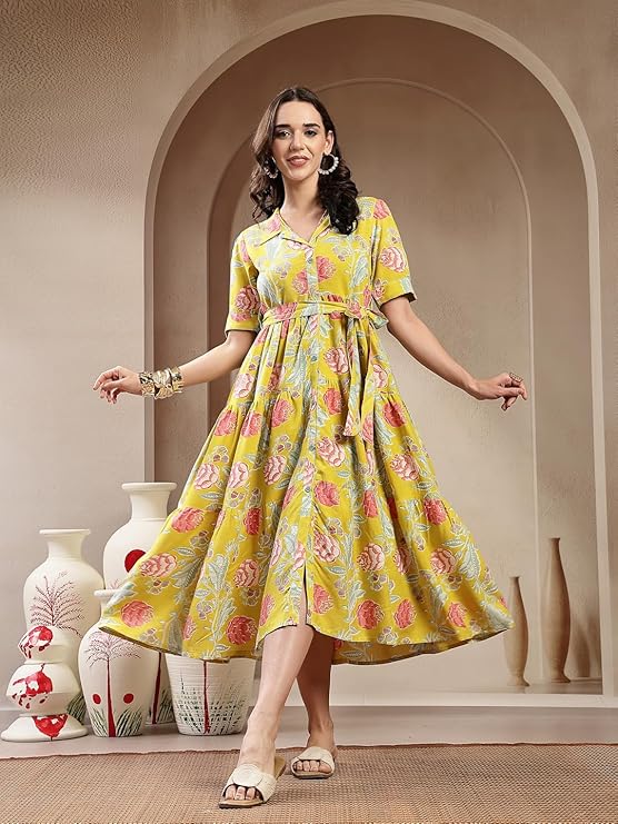 Women's Yellow Floral Printed Rayon Tiered Dress (DRSYELLOWRENEE) | De