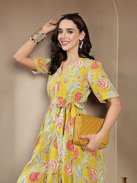 Women's Yellow Floral Printed Rayon Tiered Dress (DRSYELLOWRENEE) | De