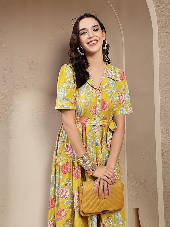 Women's Yellow Floral Printed Rayon Tiered Dress (DRSYELLOWRENEE) | De