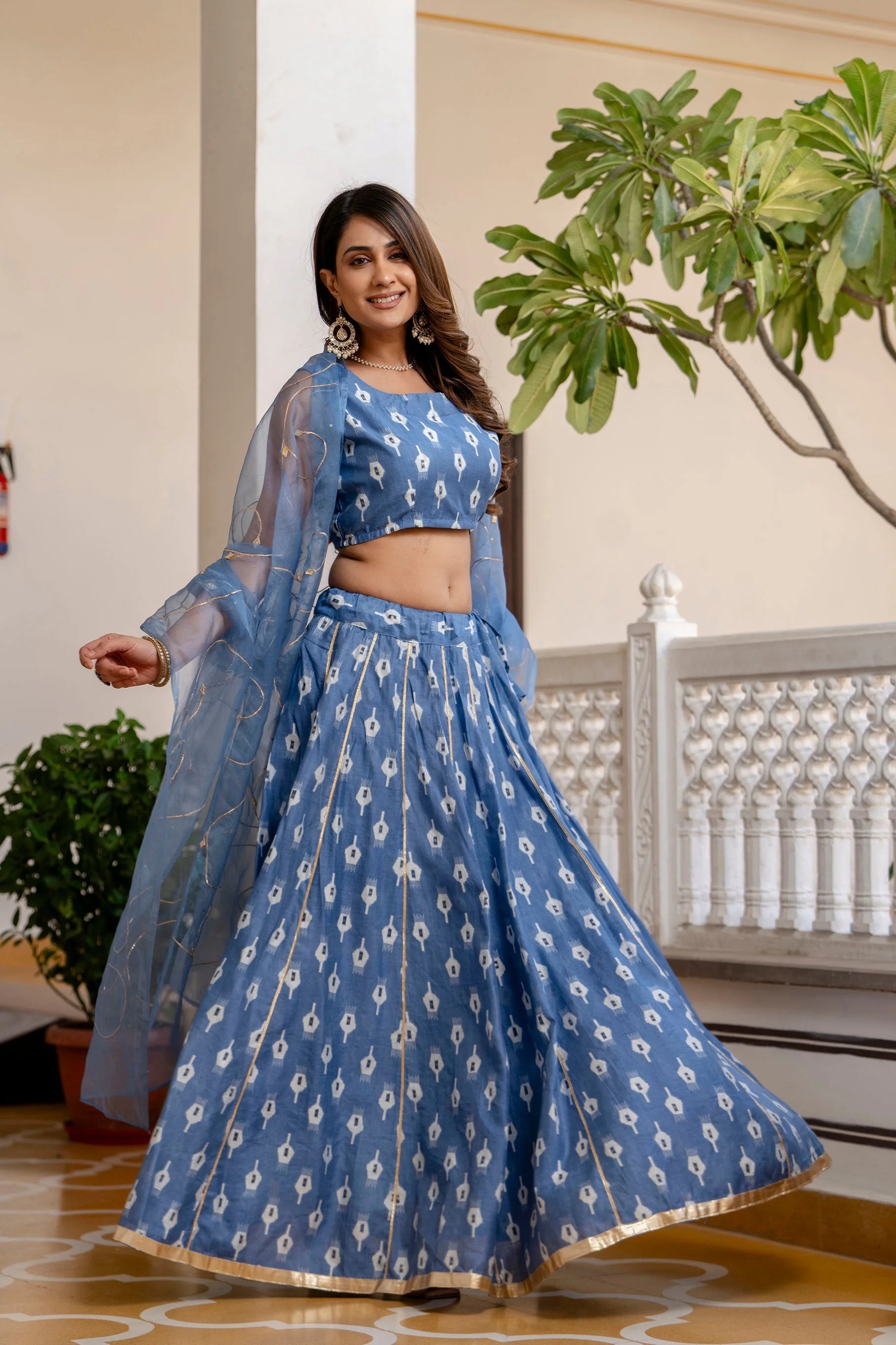 Blue Printed Lehenga Choli: Chanderi Silk Ethnic Lehenga for W...