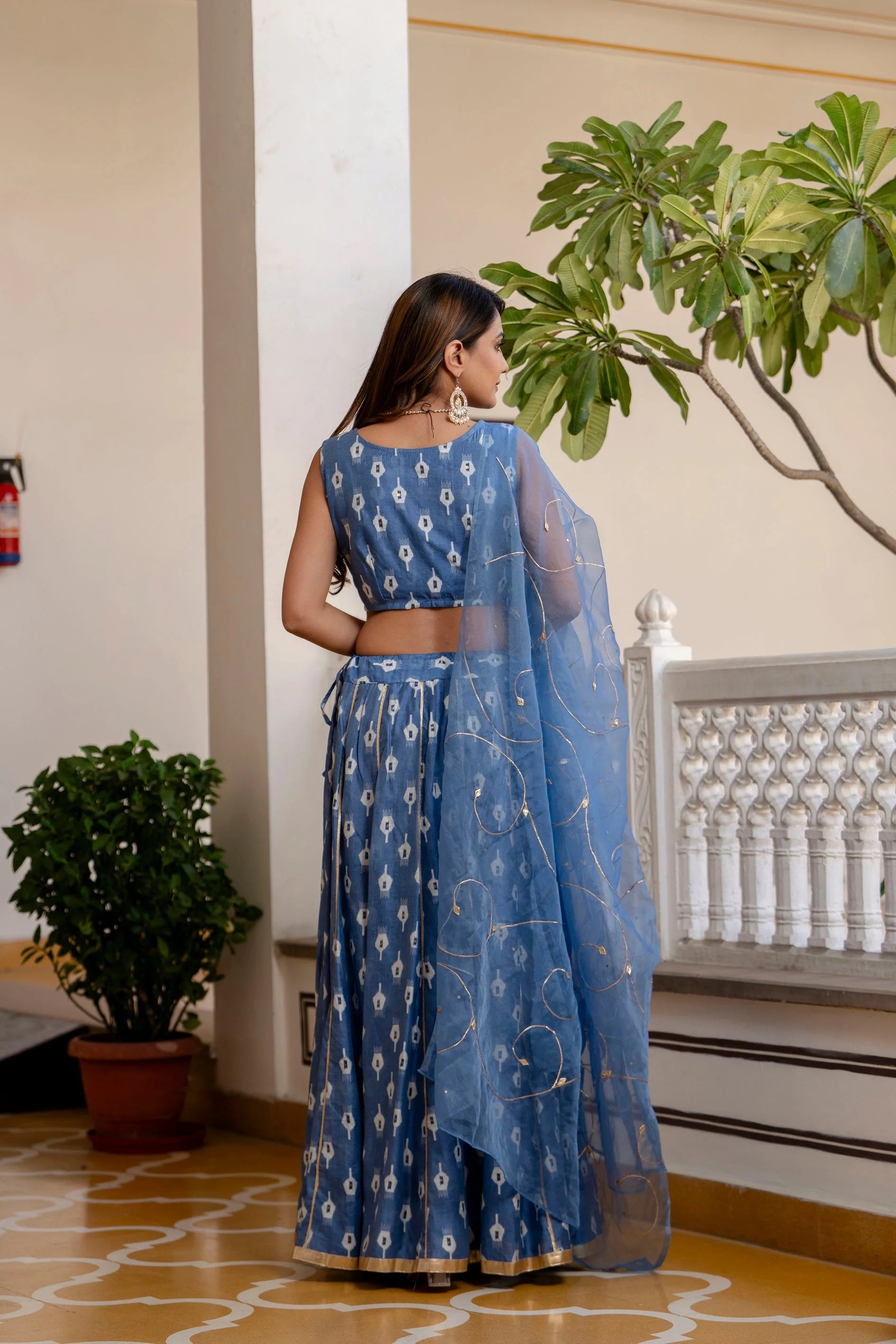 Blue Printed Lehenga Choli: Chanderi Silk Ethnic Lehenga for W...