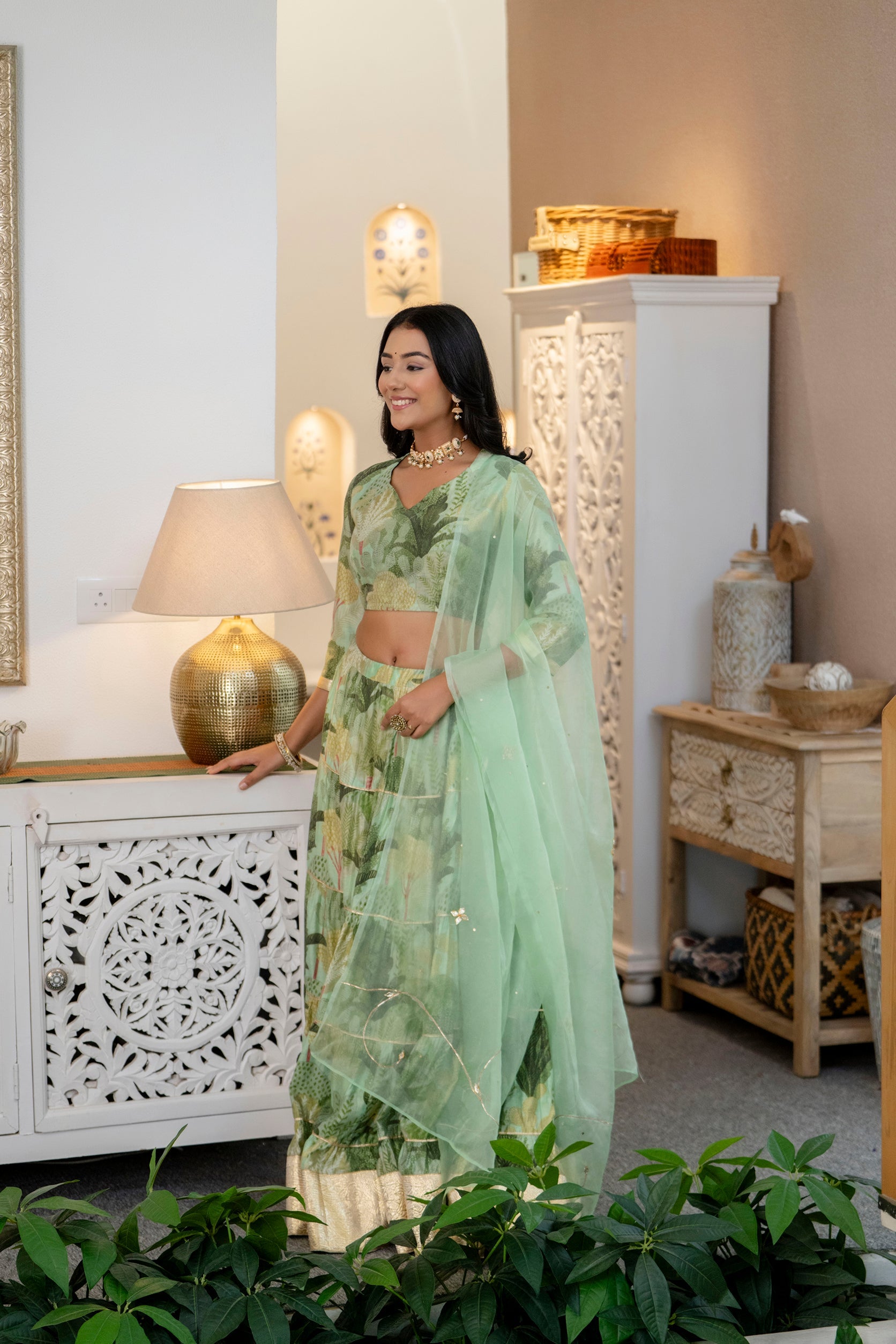 Green Flower Printed Silk Lehenga Choli - Women's Ethnic Lehenga