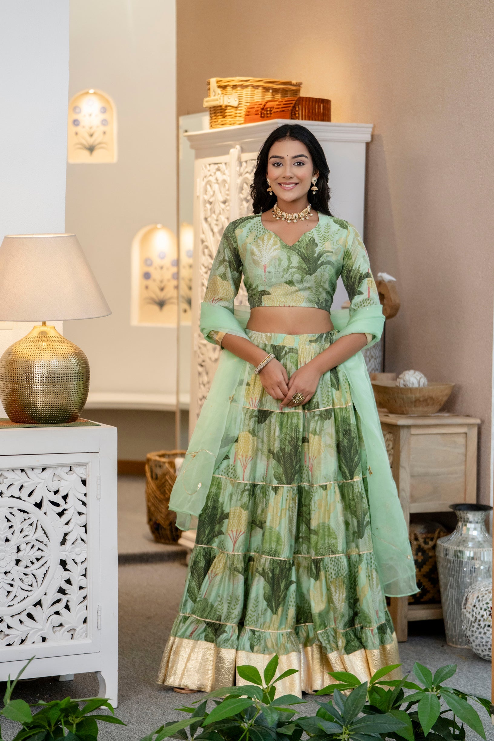 Green Flower Printed Silk Lehenga Choli - Women's Ethnic Lehenga