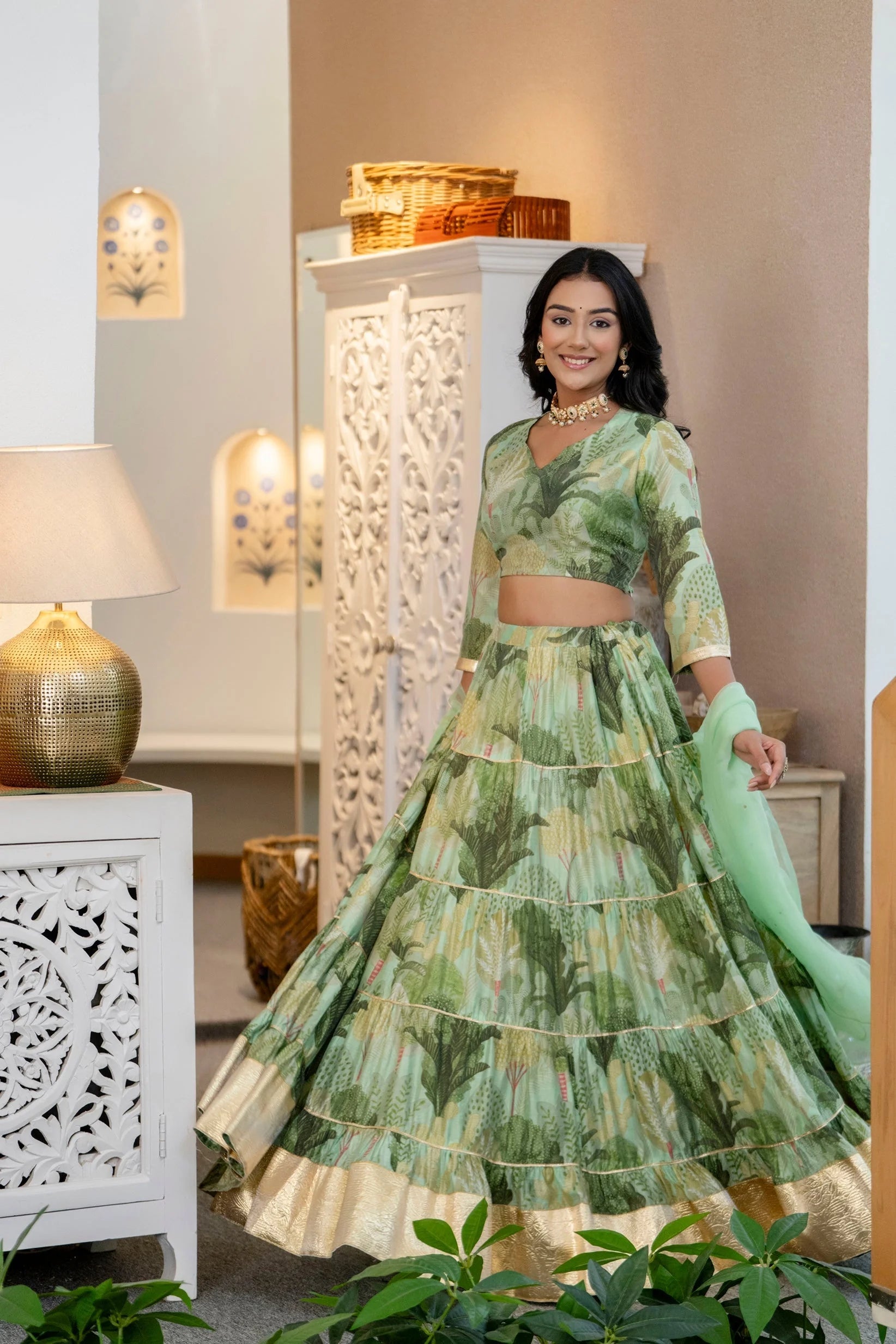 Green Flower Printed Silk Lehenga Choli - Women's Ethnic Lehenga