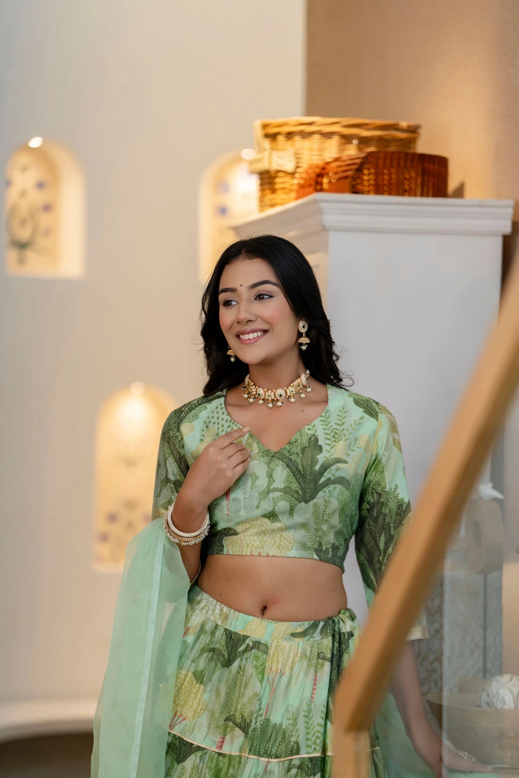 Green Flower Printed Silk Lehenga Choli - Women's Ethnic Lehenga