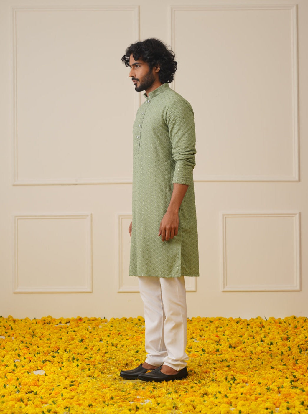 Men's Green Chikankari Kurta Pajama Set with Churidar