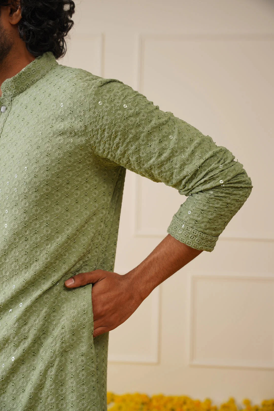 Men Pista Green Chikankari Kurta | Indian Kurta for Men