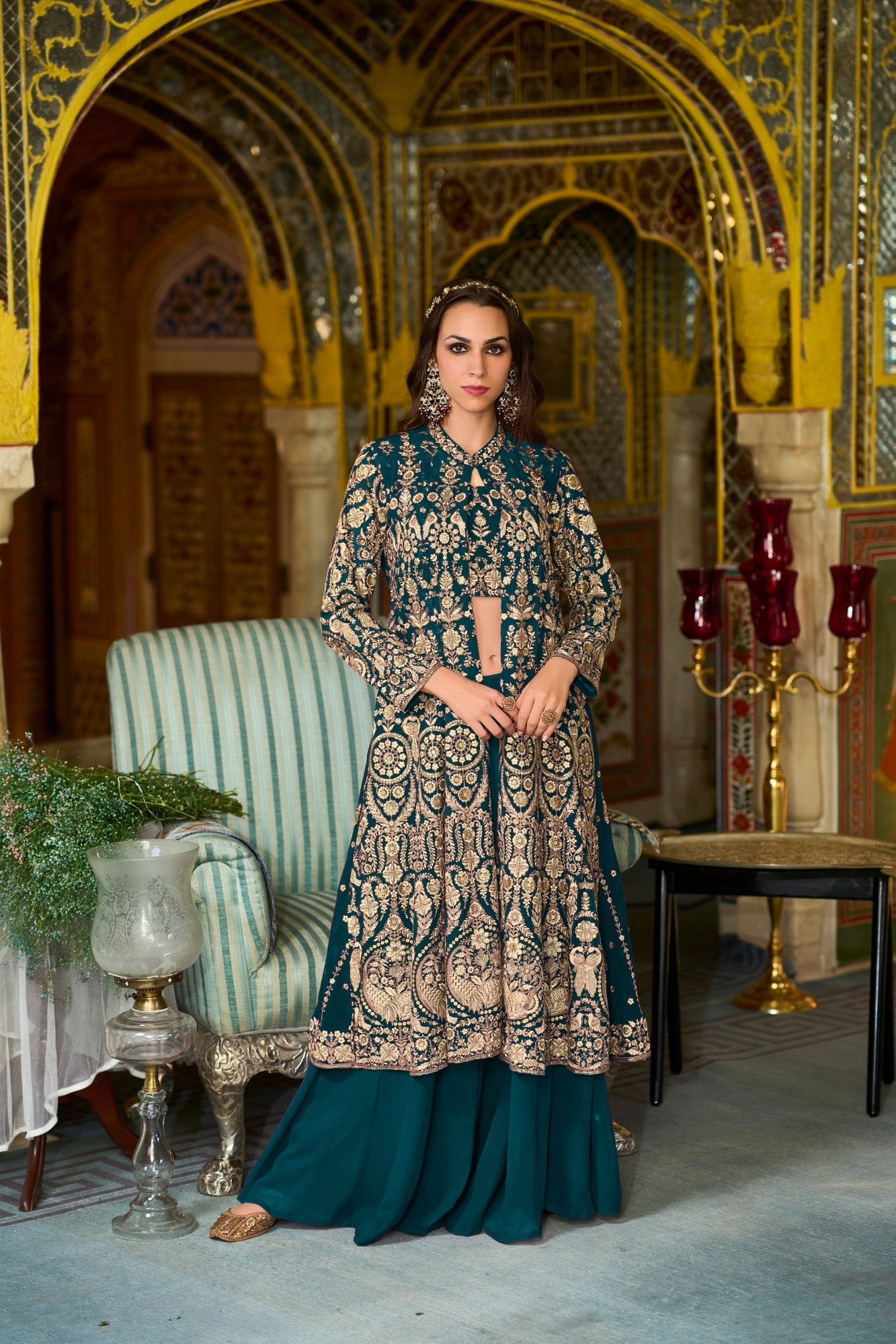 Georgette Embroidered Sharara Set with Shrug - Pack of 3 Designs | Des