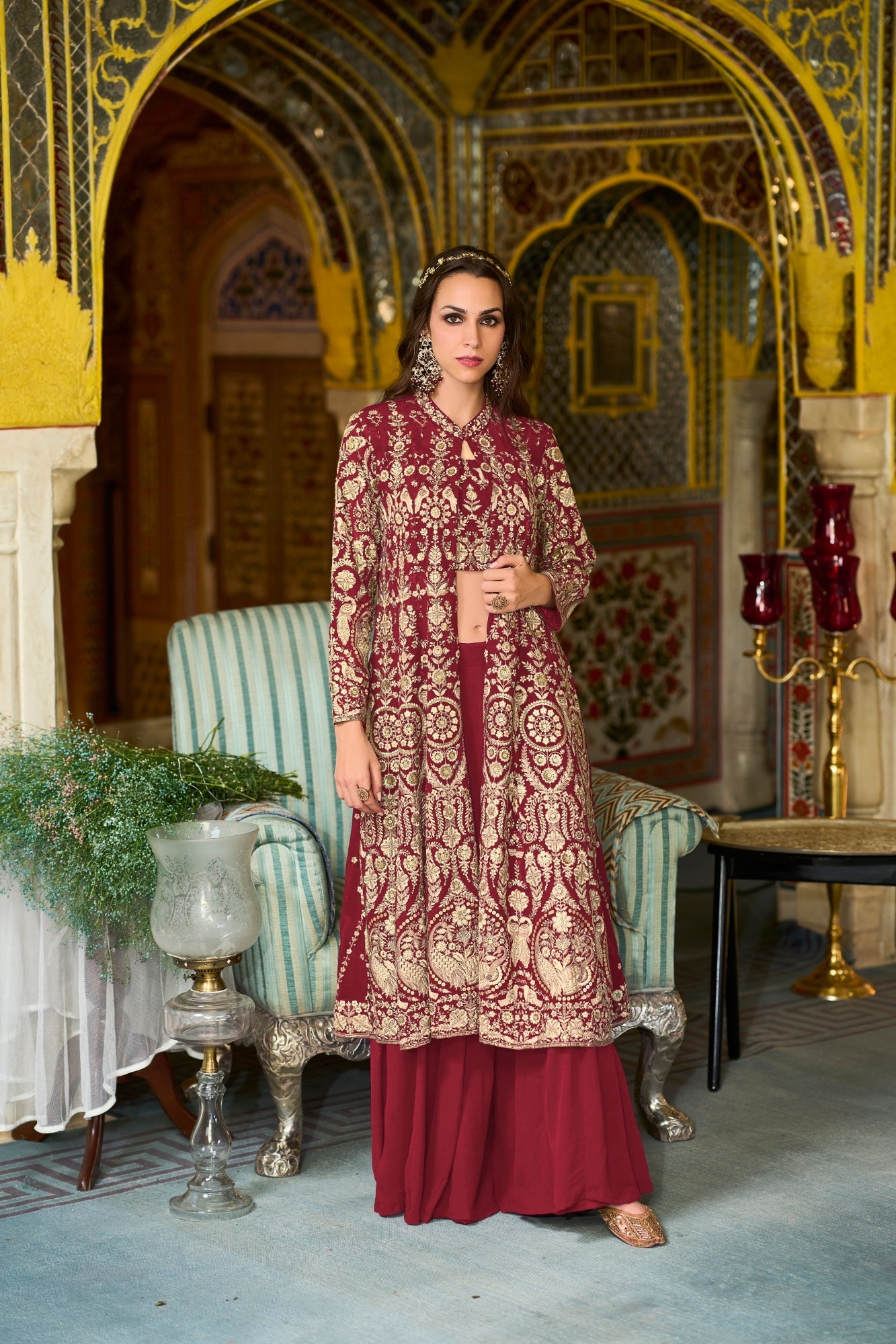Georgette Embroidered Sharara Set with Shrug - Pack of 3 Designs | Des
