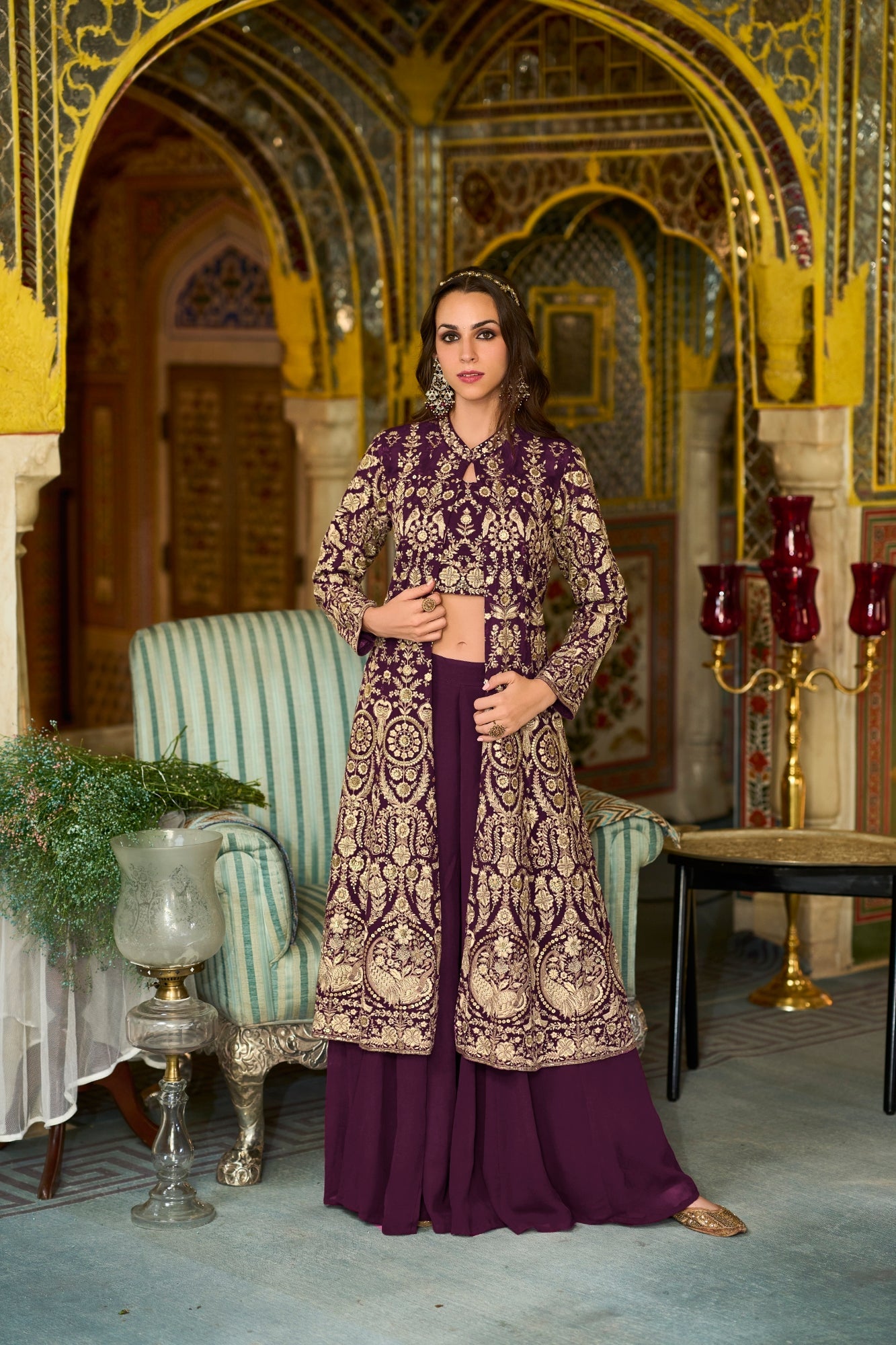 Georgette Embroidered Sharara Set with Shrug - Pack of 3 Designs | Des