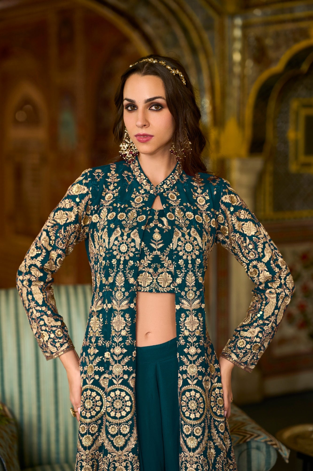 Georgette Embroidered Sharara Set with Shrug - Pack of 3 Designs | Des