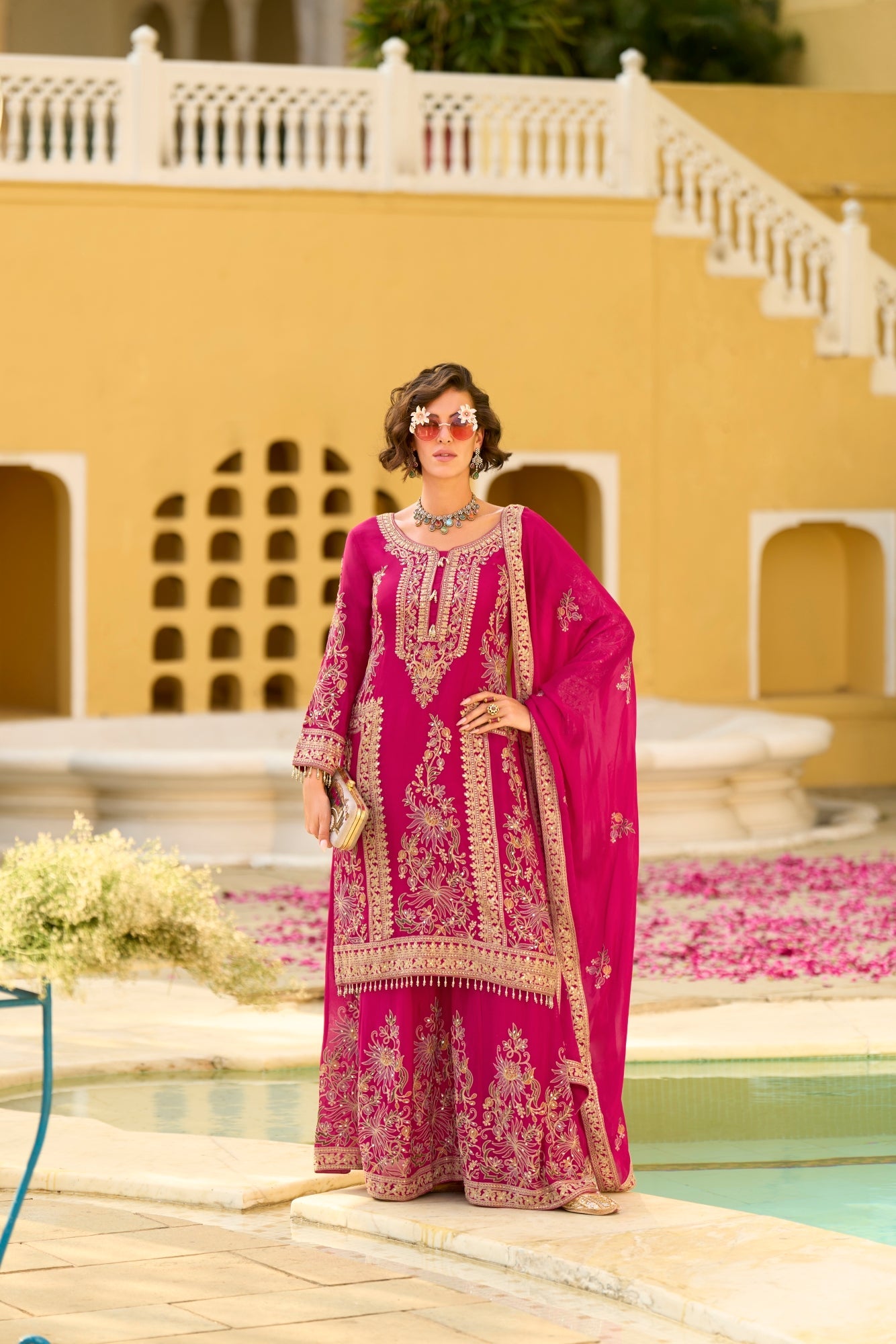 Pink Chiffon Embroidered Straight Kurta Sharara Set with Dupatta - Pac